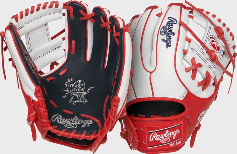 Two images showing the palm & back of a scarlet/white/black Washington Nationals Heart of the Hide glove