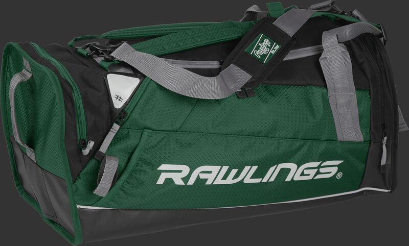 Side angle view of a dark green R601 Hybrid players bag with a Rawlings logo on the side