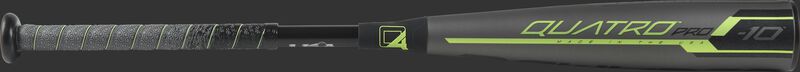 Barrel view of a US9Q10 2019 Quatro Pro USA baseball bat with a grey barrel and green/black accents