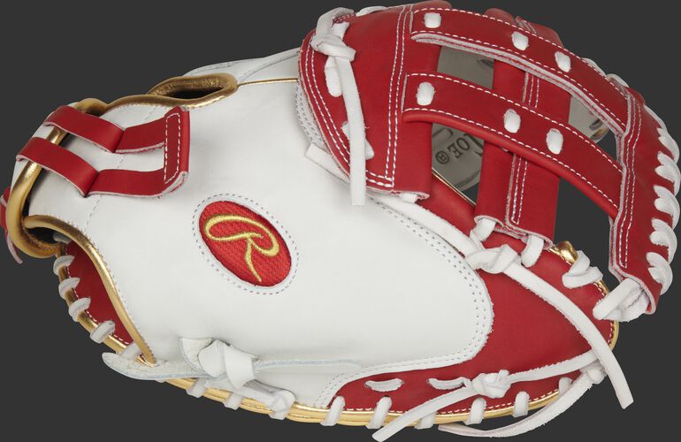 Thumb of a white RLACM33FPS Liberty Advanced Color Series 33-inch catcher's mitt with a scarlet H web