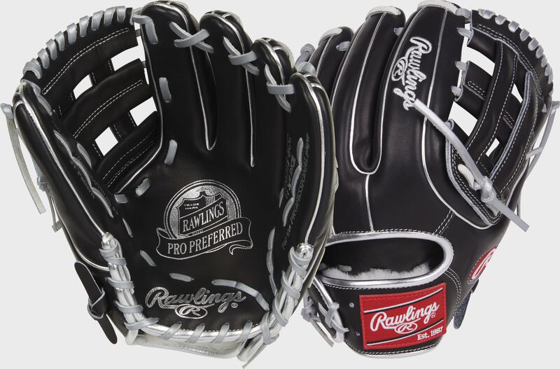 2 views showing the palm and back of a black Carlos Correa Pro Preferred infield glove - SKU: PROS315-6CC