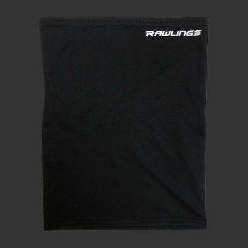 A black Rawlings neck gaiter with a white Rawlings logo in the top right - SKU: RMSKNG-BLK