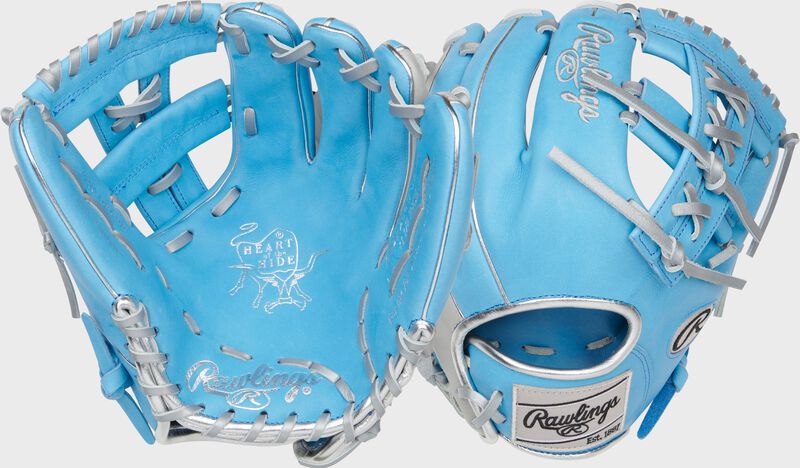 Two images showing the palm & back of a Columbia blue Heart of the Hide ContoUR Fit 11.5" infield glove