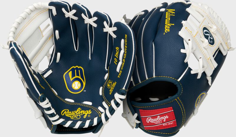 Two images showing the palm & back of a navy Milwaukee Brewers team logo youth glove