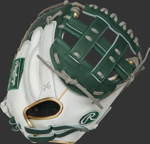 RLACM33FPDG 33-inch Liberty Advanced catcher's mitt with a white back, gold binding/welting and adjustable pull strap