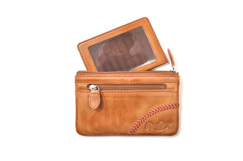 A tan baseball stitch coin purse with a zippered pocket on the front and the external ID slot pulled out - SKU: MW415-204