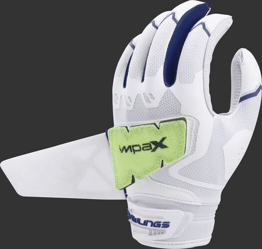 A white/navy FPWPBG-N women's Rawlings Workhorse batting glove with the Impax pad attached to the back