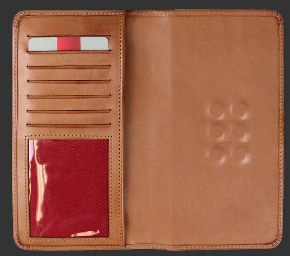 Inside of a tan universal magnetic phone case with card slots and ID window on the left - SKU: RO90006-204