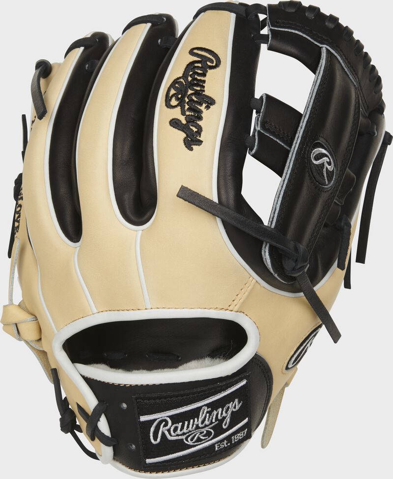 Shell back view of camel, black, and white 2021 11.5-inch Pro Preferred infield glove image number null
