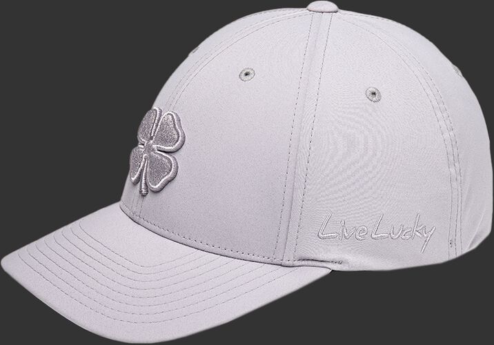 Side of a Rawlings Black Clover Platinum hat with "Live Lucky" on the side - SKU: BCR1P0071