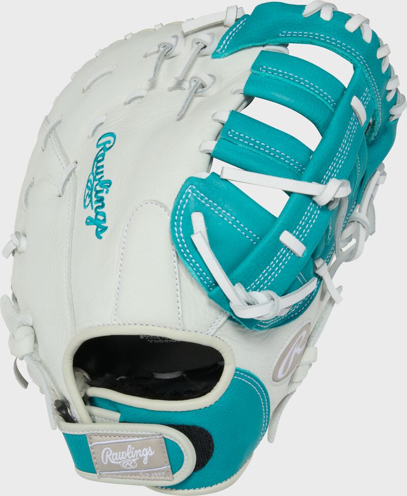 Back of a white/teal Shut Out 12-inch Fastpitch Softball 1st Base Mitt