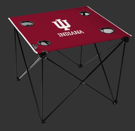 A red NCAA Indiana Hoosiers deluxe tailgate table with four cup holders and team logo printed in the middle SKU #00713030111