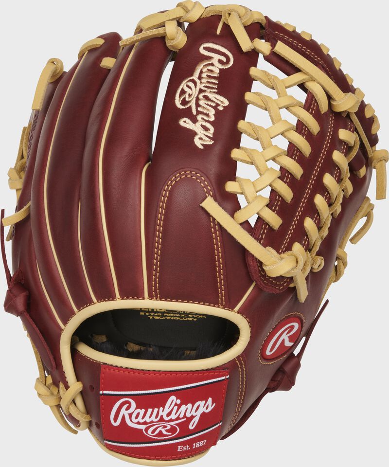Back of a sherry Sandlot Series 11.75-Inch modified Trap-Eze web glove with a red Rawlings patch - SKU: S1175MTS