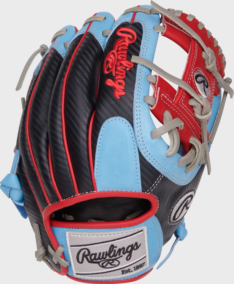 Black Hyper Shell back of Heart of the Hide 11.5" I-web glove with a gray Rawlings patch