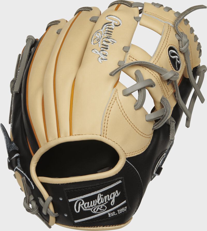 Shell back view of black, camel, and gray Rawlings Heart of the Hide 11.5-inch infield glove