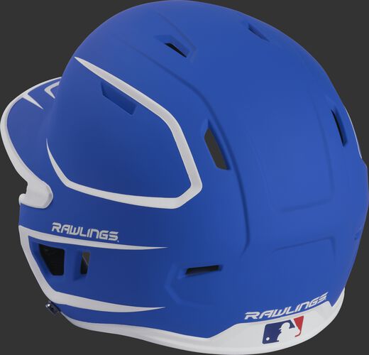 Back left view of a matte royal/white MACH series batting helmet with air vents