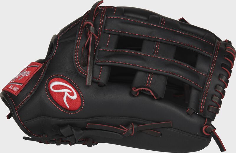 Thumb view of a black R9YPT6-6B R9 Series 12-inch youth outfield glove with a black H web
