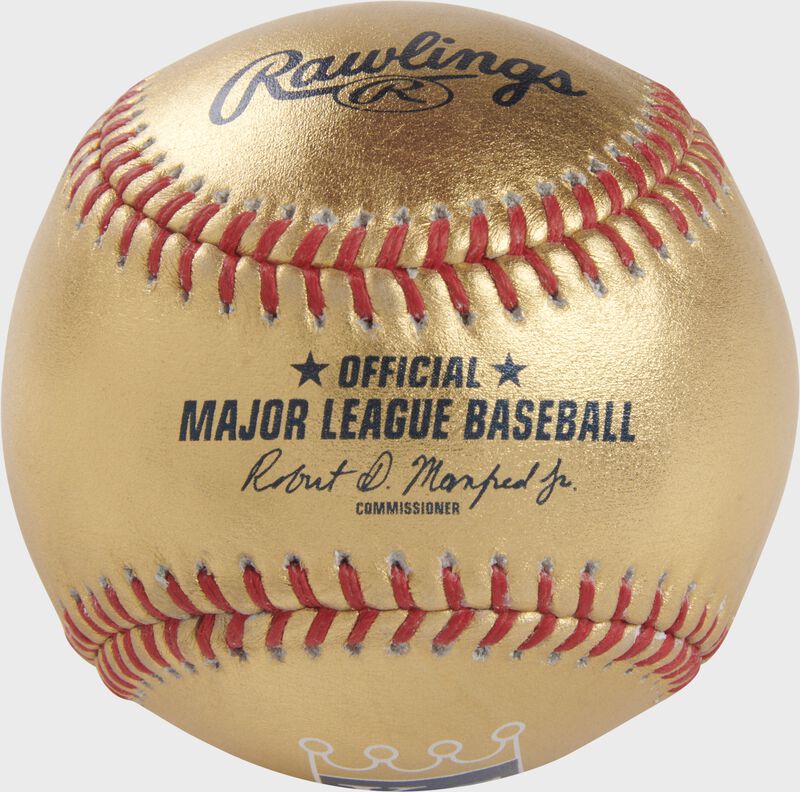 A Kansas City Royals Rawlings Gold MLB team baseball with the official ball MLB stamp - SKU: RSGEA-GOLDKC-R