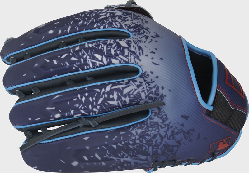Back of a navy REV1X 12.75" outfield glove with the MLB logo on the pinky - SKU: REV3039-6N