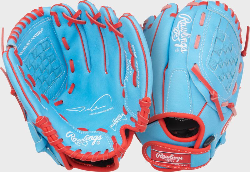 Two images showing the palm & back of a Rawlings Sure Catch 10-Inch Jacob deGrom Signature Glove loading=