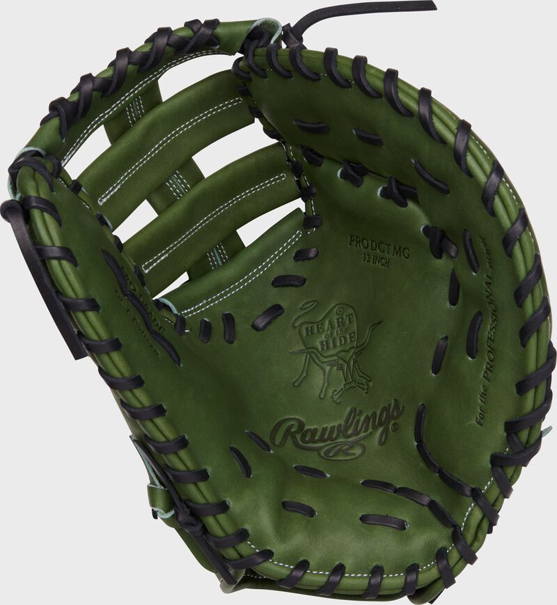 Palm of a Rawlings Heart of the Hide military green first base mitt with black laces - SKU: PRODCTMG