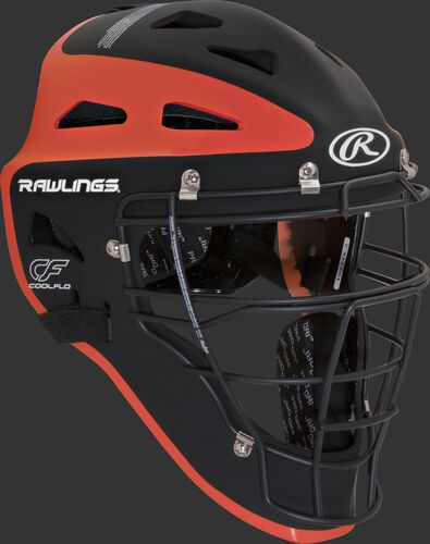 Front right of a black/orange CHVELY Rawlings Velo catcher's helmet