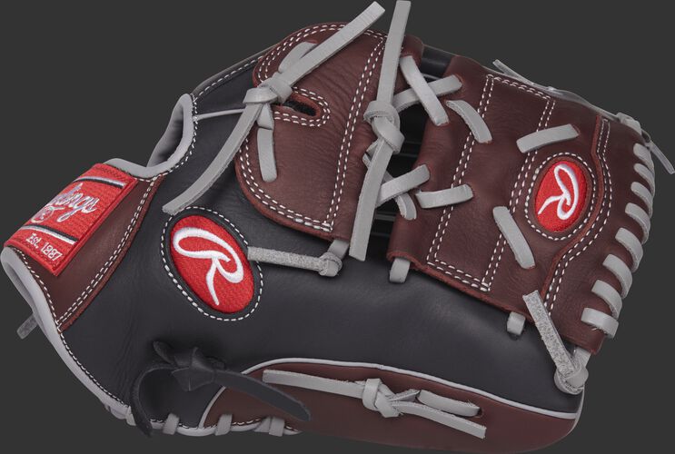 R9206-9BSG R9 Series 12-inch infield/pitcher's glove with a black/sherry thumb and sherry two-piece solid web