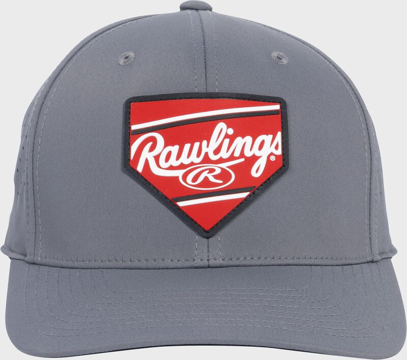 Front of a gray Rawlings Home Plate performance curved bill snapback hat