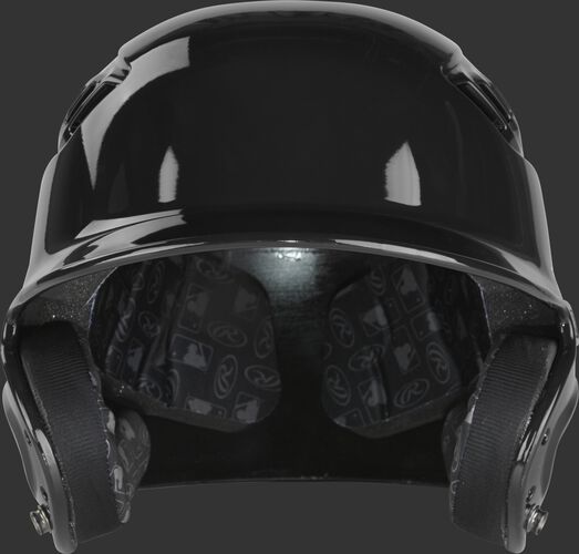 Front of a black R1601 Rawlings Velo gloss batting helmet