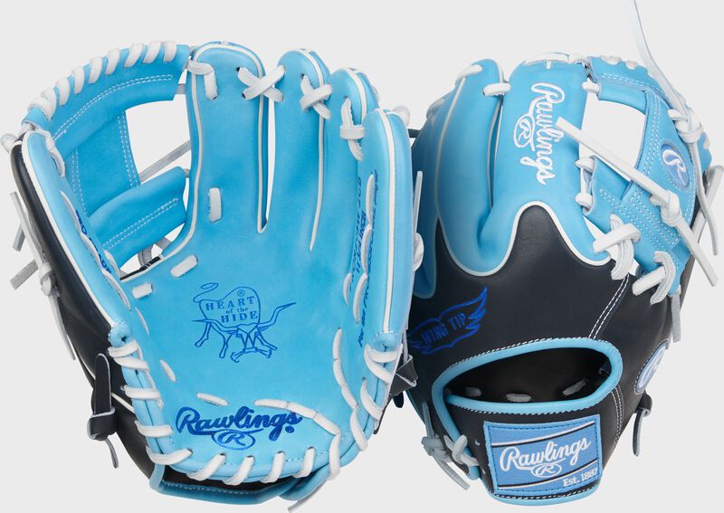 Two images showing the palm & back of a Columbia blue/black Rawlings Heart of the Hide 11.75-Inch Wing Tip Infield Glove
