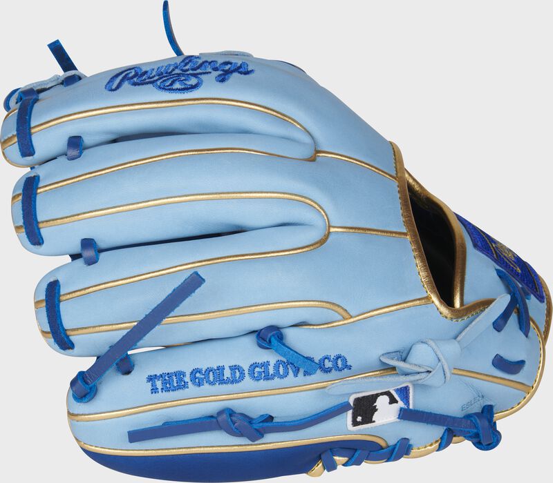 Back of a Columbia blue Heart of the Hide R2G 11.25-Inch ContoUR fit infield glove with the MLB logo on the pinky - SKU: PROR312U-2R