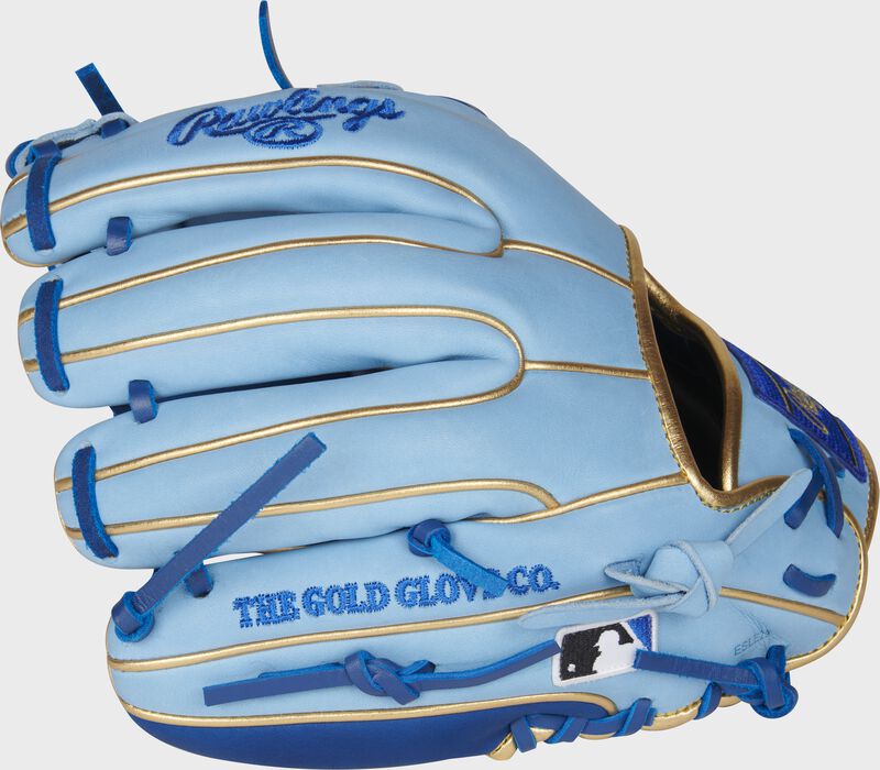 Back of a Columbia blue Heart of the Hide R2G 11.25-Inch ContoUR fit infield glove with the MLB logo on the pinky - SKU: PROR312U-2R loading=