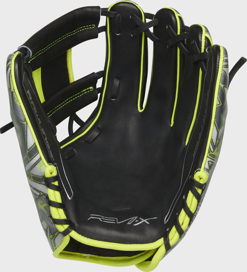 Shell palm view of neon green and black 2022 REV1X 11.75-inch infield glove