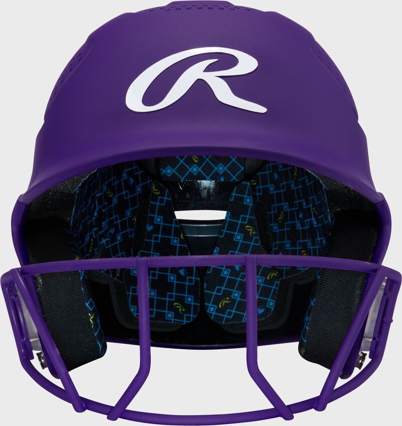Front of a purple Rawlings RX2 fastpitch batting helmet
