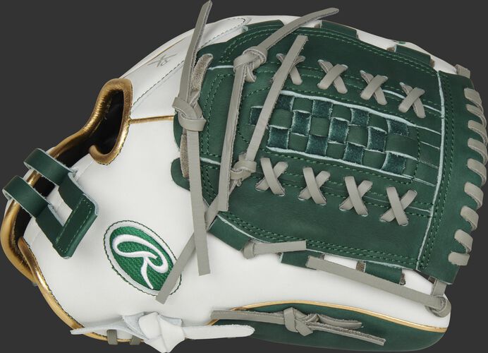 Thumb of a white RLA125-18DG Liberty Advanced Color Series 12.5-inch fastpitch glove with a dark green Double Laced Basket web