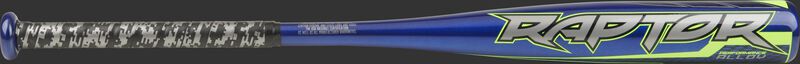 Barrel of a blue USZR10 Rawlings 2020 Raptor USA bat with grey/green accents