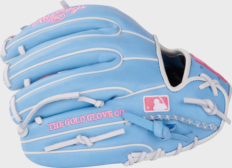 Columiba blue back of a Heart of the Hide 11.5" I-web glove with the MLB logo on the pinky