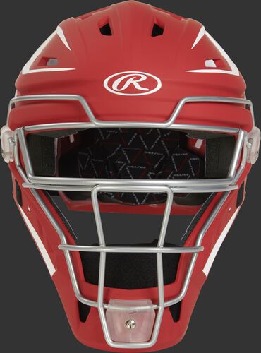 Front of a scarlet CHV27J Velo 2.0 hockey-style catcher's helmet