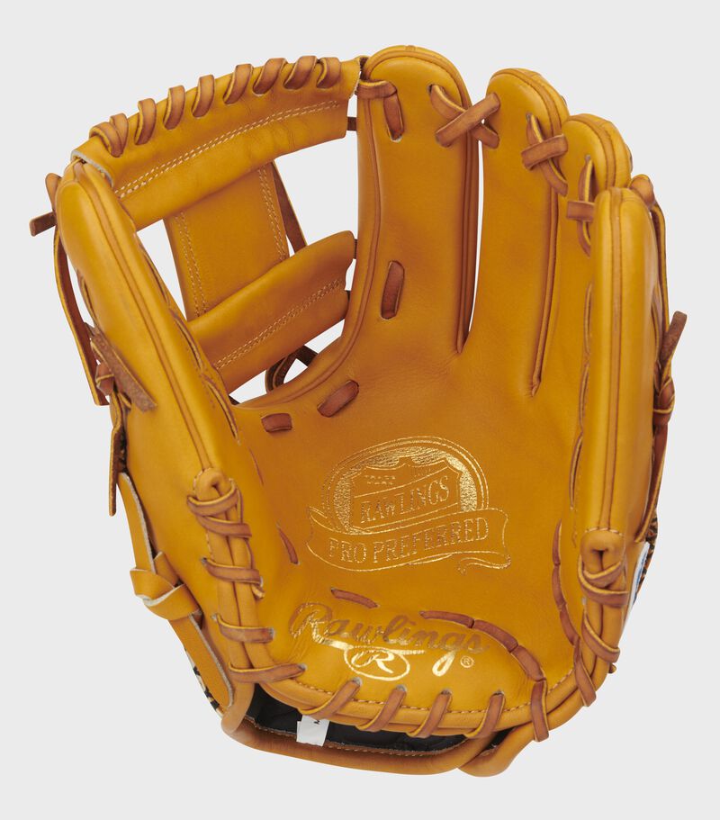 Rich tan palm of a Pro Preferred infield glove with gold stamping, tan web and tan laces - SKU: PROS204-2RT