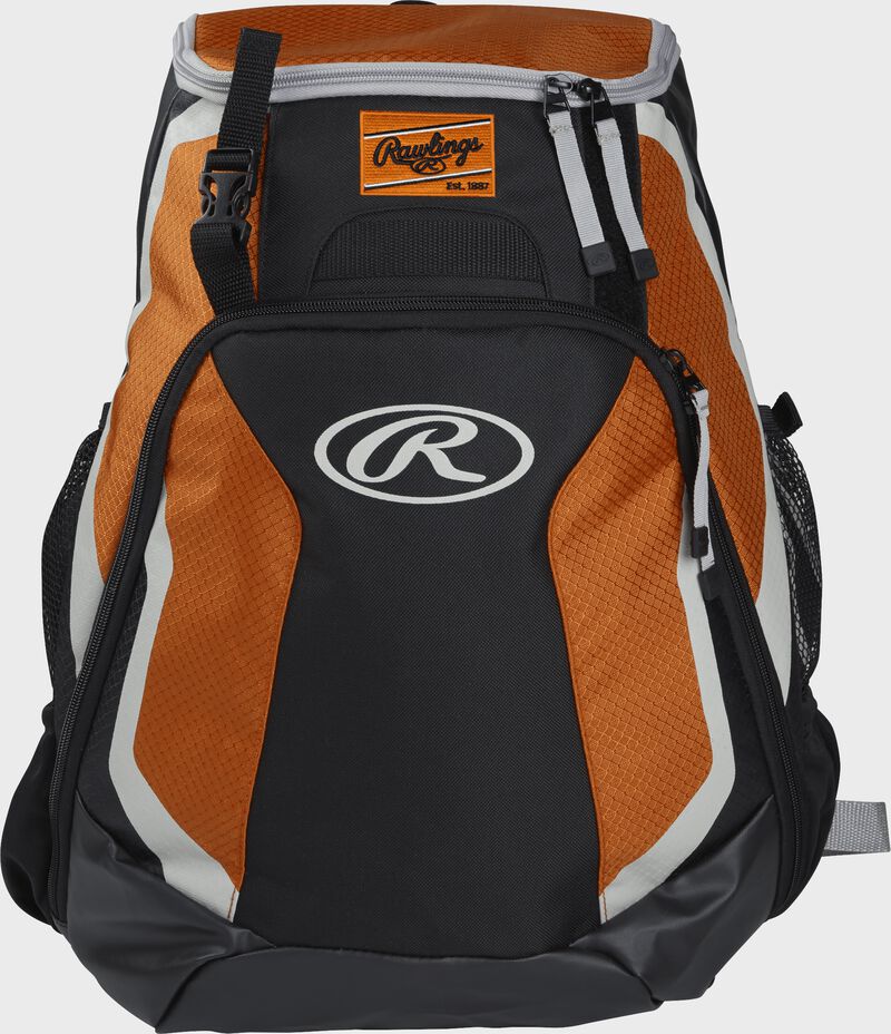 Front of a black/orange R500 Rawlings Players team backpack with a Rawlings patch and white Oval R