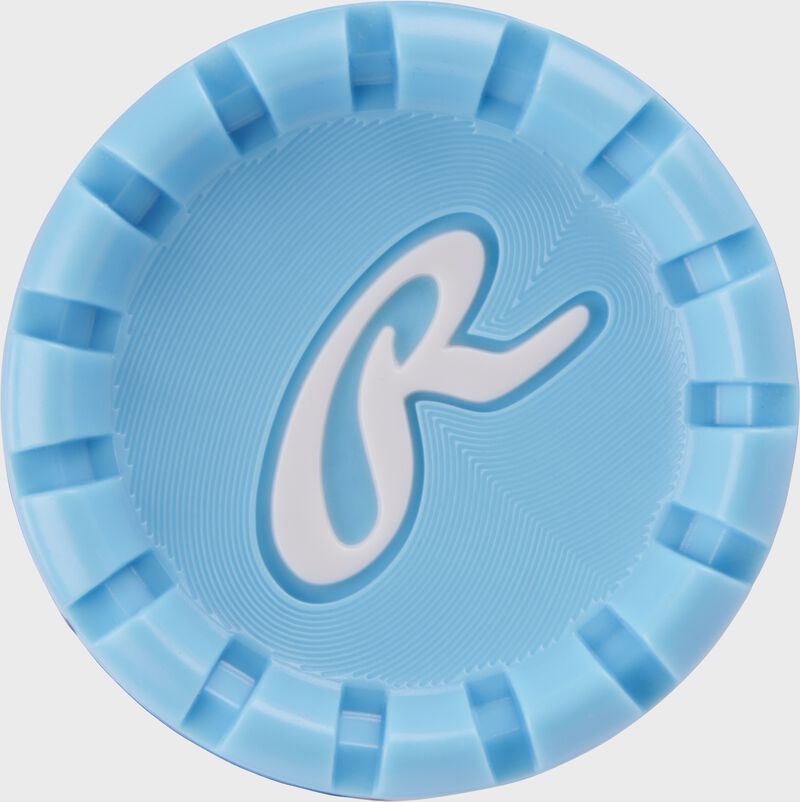 Light blue end cap of a Clout AI USSSA bat with a white script "R" logo - SKU: RUT4C8