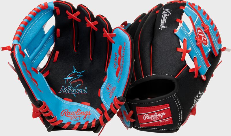 Two images showing the palm & back of a black Miami Marlins team logo youth glove
