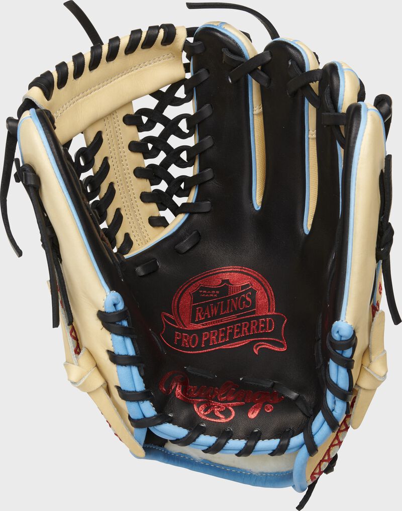 Black palm of a Rawlings Pro Preferred infield/pitcher's glove with a scarlet palm stamp and black laces - SKU: PROS204-4BSS