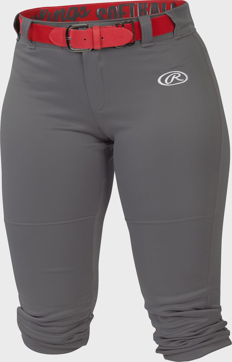 WLNCH graphite Women's launch softball pants with a scarlet belt loading=