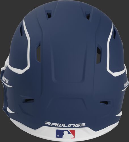 Back of a MACHEXTR high performance junior MACH helmet with a matte navy/white shell and Official Batting Helmet of MLB logo