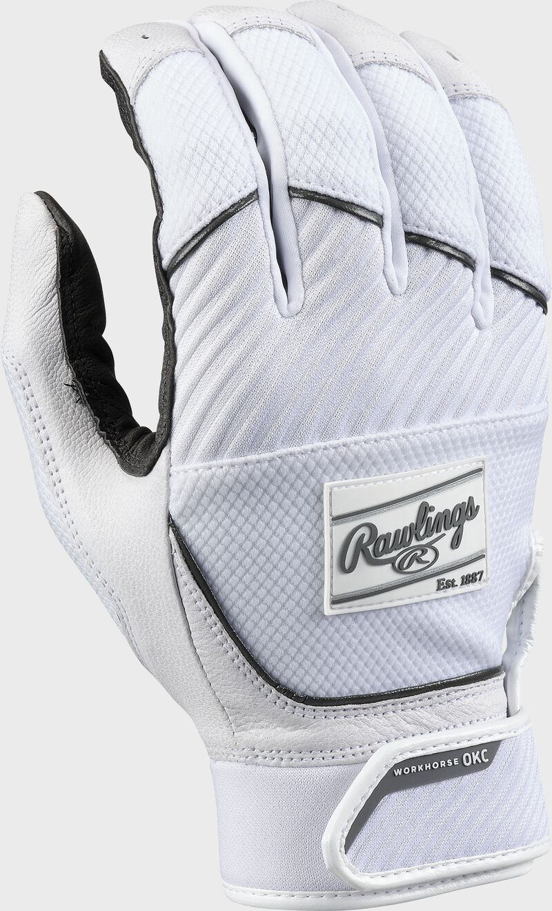 Back of a white women's workhorse OKC fastpitch batting glove - SKU: WHOKCFPBG-WH