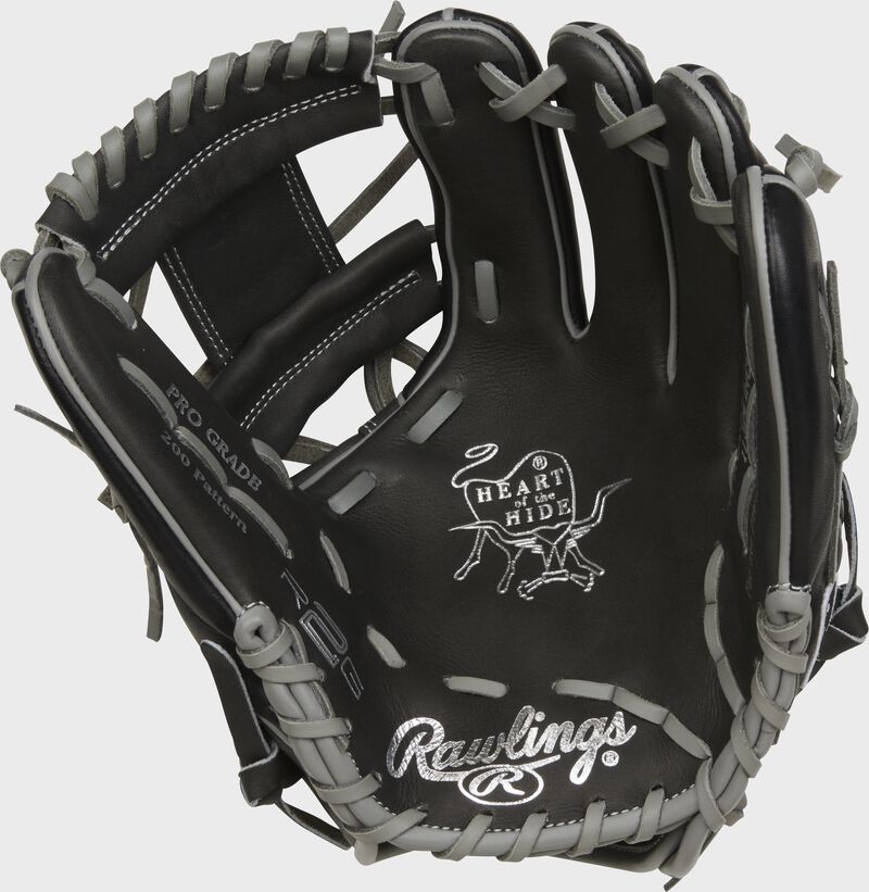Palm of a dark shadow Rawlings Heart of the Hide R2G infield glove with silver stamping and gray laces - SKU: PROR205W-2DS