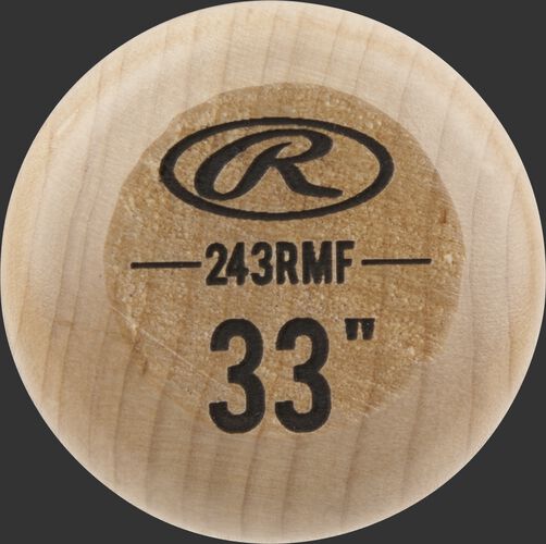 Knob of a Rawlings Big Stick Elite Maple bat with an engraved Oval-R and 33" size - SKU: 243RMF