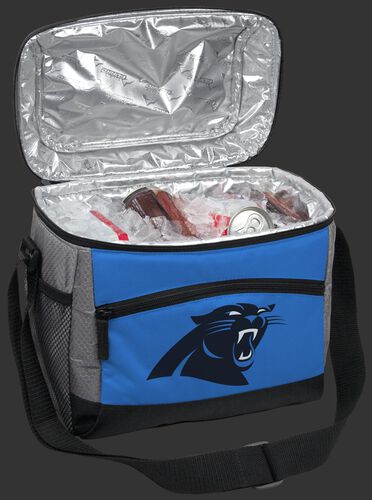 An open Carolina Panthers 12 can cooler filled with ice and drinks - SKU: 10111090111