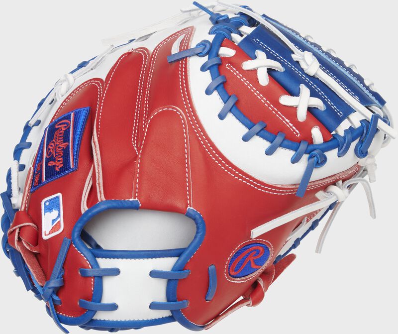 Scarlet back of a Rawlings HOH R2G catcher's mitt with a royal web - SKU: RSGPRORYM4SW loading=